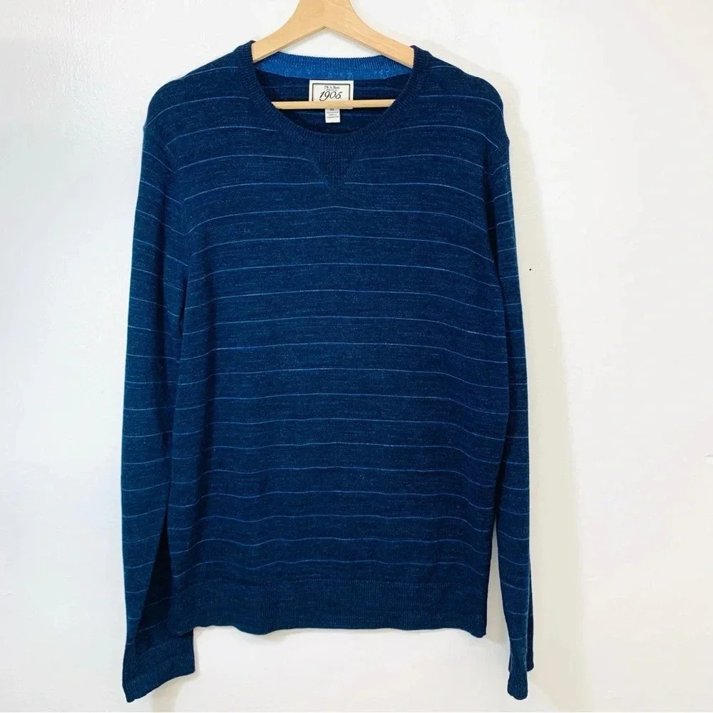 Jos A Bank Sweater Men XL Long Sleeve Blue Stripe Cotton Stretch Crew Neck